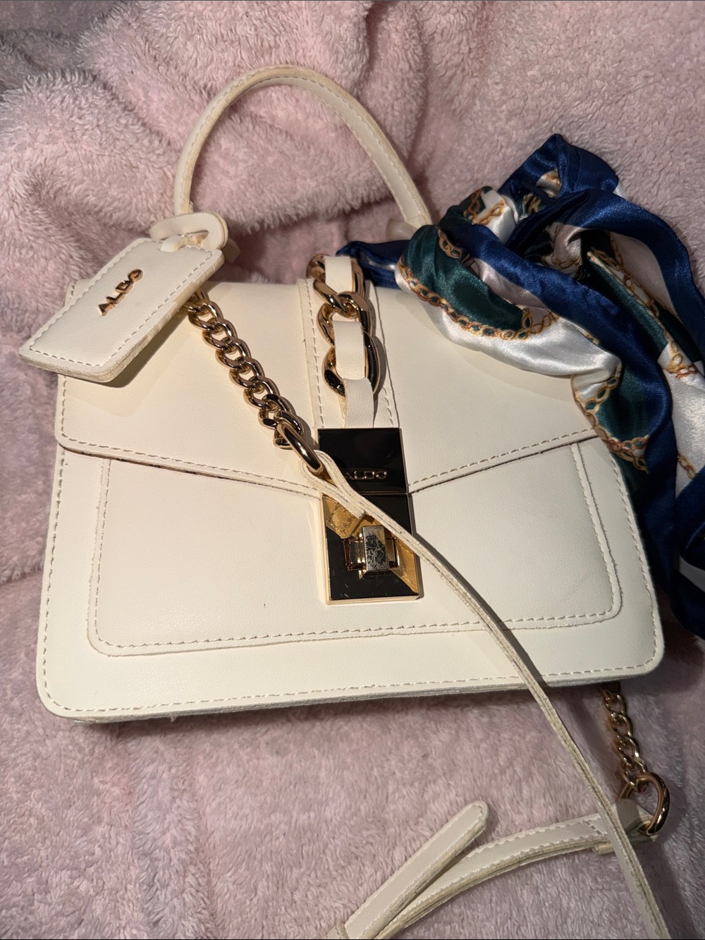 ALDO Cream Crossbody Bag with Navy & White Scarf - Picture 3 of 4